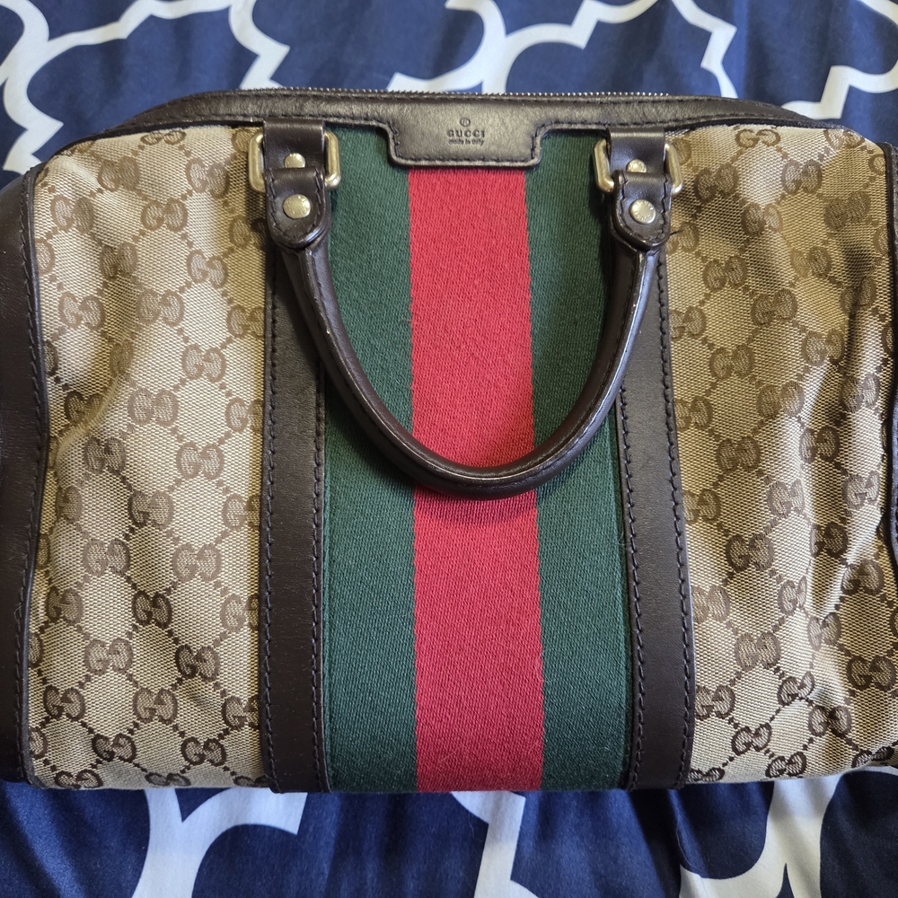 Gucci Beige Monogram Bag with Red and Green Stripe